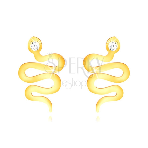Kolczyki z żółtego 14K złota - falisty błyszczący wąż z przezroczystą cyrkoniową główką