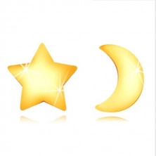 Złote kolczyki 585 - kontur lśniącego księżyca i symetrycznej gwiazdy, sztyfty