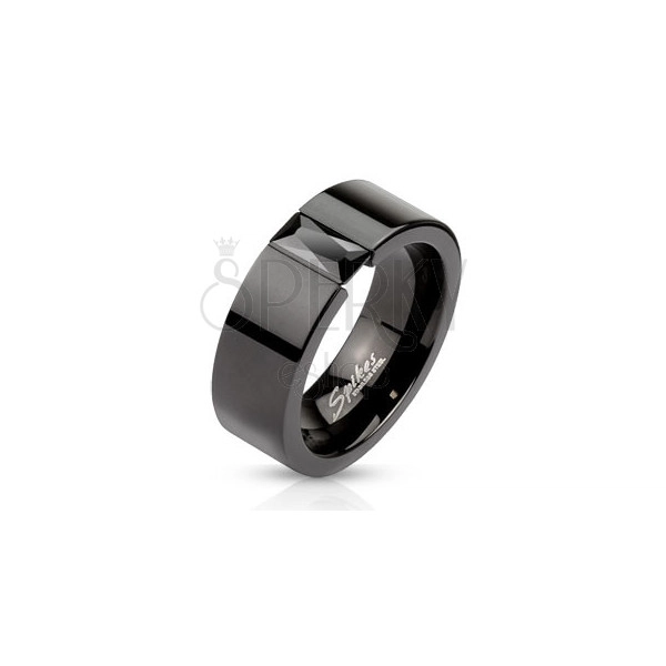 Stalowy pierścień w kolorze czarnym - błyszcząca czarna cyrkonia, 6 mm