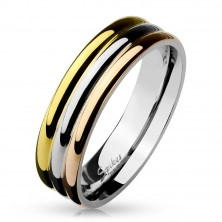 Stalowy pierścień - trzy błyszczące paski w kolorze miedzi, złotego i srebrnego koloru, 6 mm