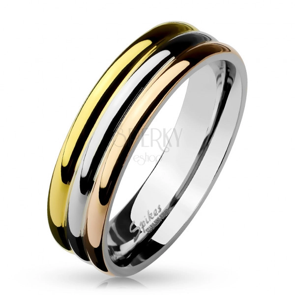 Stalowy pierścień - trzy błyszczące paski w kolorze miedzi, złotego i srebrnego koloru, 6 mm