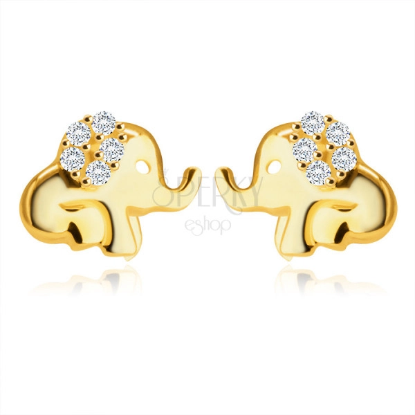 Kolczyki z żółtego 14K złota - siedzący słoń z trąbą, ucho ozdobione okrągłymi cyrkoniami