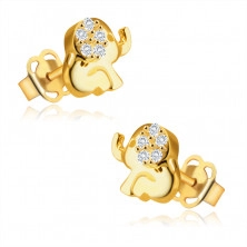 Kolczyki z żółtego 14K złota - siedzący słoń z trąbą, ucho ozdobione okrągłymi cyrkoniami
