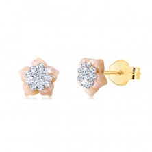 Kolczyki z 14K złota - kwiatek z kryształkami Swarovskiego, płatki z różowej masy perłowej, sztyfty