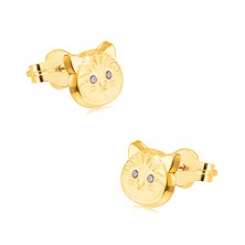 Złote 14K kolczyki - głowa kota z okrągłymi cyrkoniowymi oczami