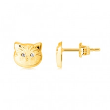 Złote 14K kolczyki - głowa kota z okrągłymi cyrkoniowymi oczami