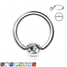 Stalowy piercing do brwi 316L - krążek z kryształkiem w okrągłej oprawie, 1,6 mm, średnica 12 mm