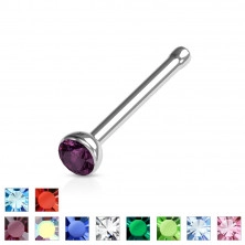 Prosty piercing do nosa ze stali 316L - kolorowy kryształ w oprawie, 1 mm