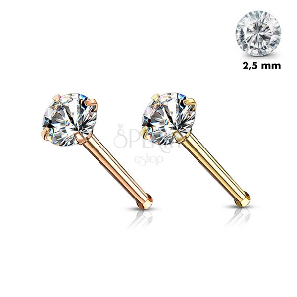 Prosty piercing do nosa ze stali 316L - okrągła bezbarwna cyrkonia, PVD, 0,8 mm, średnica 2,5 mm