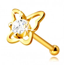 Diamentowy piercing do nosa z żółtego 14K złota - kontur motyla z brylantem, 2,25 mm