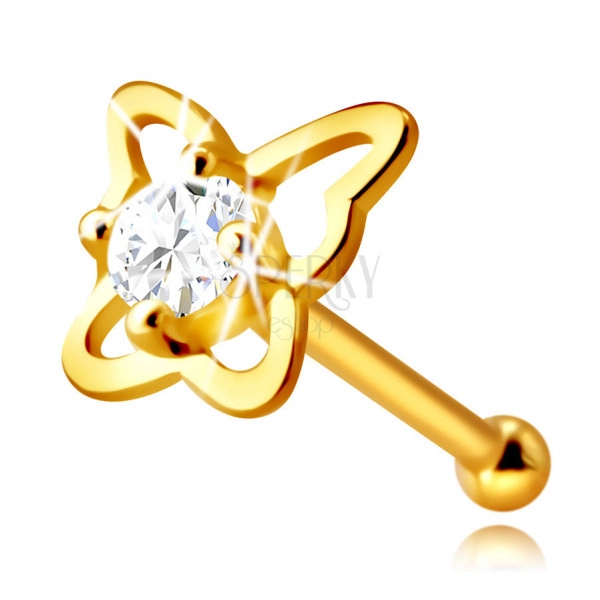 Diamentowy piercing do nosa z żółtego 14K złota - kontur motyla z brylantem, 2,25 mm