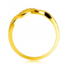 Lśniący pierścionek z żółtego 14K złota - przeplatające się fale, brylantowa linia