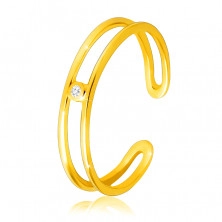 Diamentowy pierścionek z żółtego 14K złota - cienkie otwarte ramiona, bezbarwny brylant