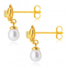 Diamentowe kolczyki z żółtego 14K złota - brylant, kwiat z płatkami, biała perła słodkowodna