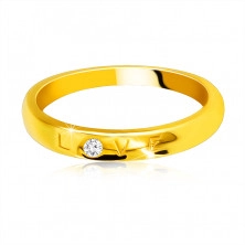 Diamentowa obrączka z żółtego 585 złota - napis "LOVE" z brylantem, gładka powierzchnia, 1,6 mm