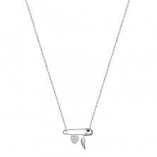 Srebrny naszyjnik 925 - agrafka z zawieszkami, serce z cyrkoniami, anielskie skrzydło