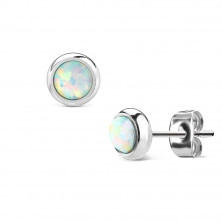 Kolczyki ze stali chirurgicznej - syntetyczny opal w oprawie, różne kolory, 6 mm