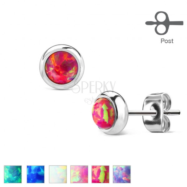 Kolczyki ze stali chirurgicznej - syntetyczny opal w oprawie, różne kolory, 6 mm