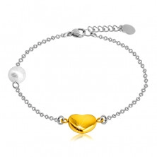 Stalowa bransoletka - gładkie lśniące serduszko złotego koloru, perłowa kuleczka, drobny łańcuszek