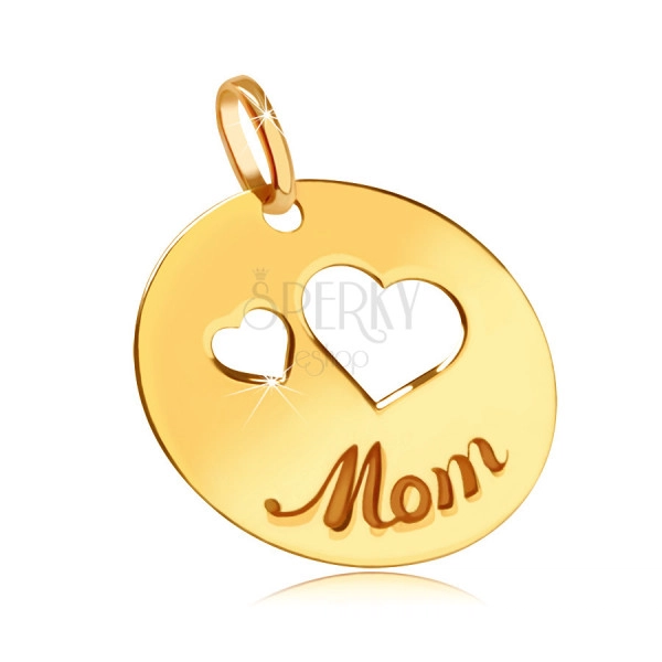 Płaski złoty wisiorek 375 - wycięcia z dwóch serc, wygrawerowany napis Mama, lśniące kółko