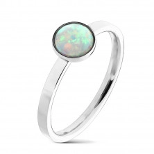 Stalowy pierścionek srebrnego koloru, syntetyczny opal z tęczowymi refleksami, wąskie ramiona