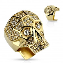 Masywny pierścionek ze stali 316L, złoty kolor, czaszka, przezroczyste kryształy