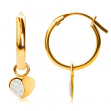 Złote kolczyki z 14K złota, koła z zawieszką w kształcie serca, angielski zamek, 12 mm