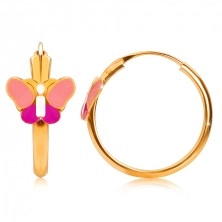 Złote okrągłe kolczyki z 14K złota, różowy motyl, lśniąca powierzchnia, 15 mm