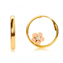 Złote okrągłe kolczyki z 14K złota, różowy kwiat, lśniąca powierzchnia, 15 mm