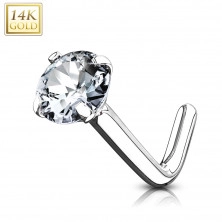 Piercing do nosa z białego 14K złota - zagięty, oszlifowana bezbarwna cyrkonia, 0,8 mm, średnica 3 mm