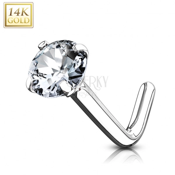 Piercing do nosa z białego 14K złota - zagięty, oszlifowana bezbarwna cyrkonia, 0,8 mm, średnica 3 mm