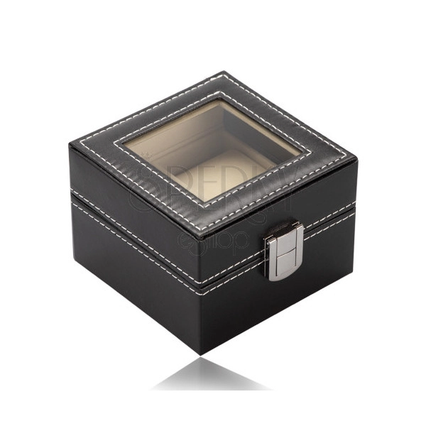 Kwadratowa szkatułka na zegarki - czarna skóra ekologiczna, błyszcząca metalowa klamra
