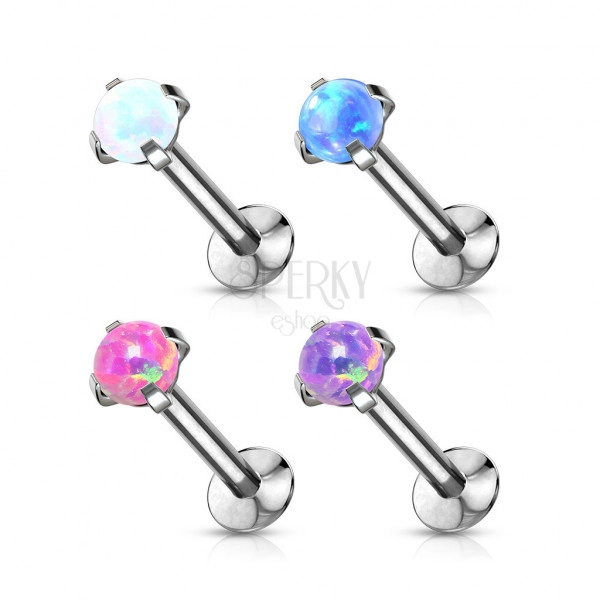 Wsuwany piercing do wargi, brody i ucha ze stali 316L - syntetyczny opal w koszyczku, 8 mm