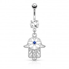 Stalowy piercing do brzucha - bardziej wyrazista okrągła cyrkonia, wiszący symbol Hamsa