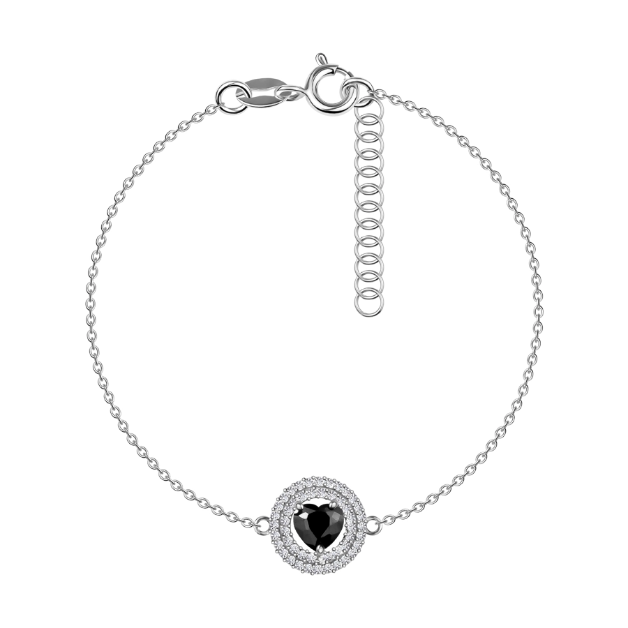 Srebrna 925 bransoletka - serce z czarnymi cyrkoniami, podwójny okrąg, przezroczyste cyrkonie