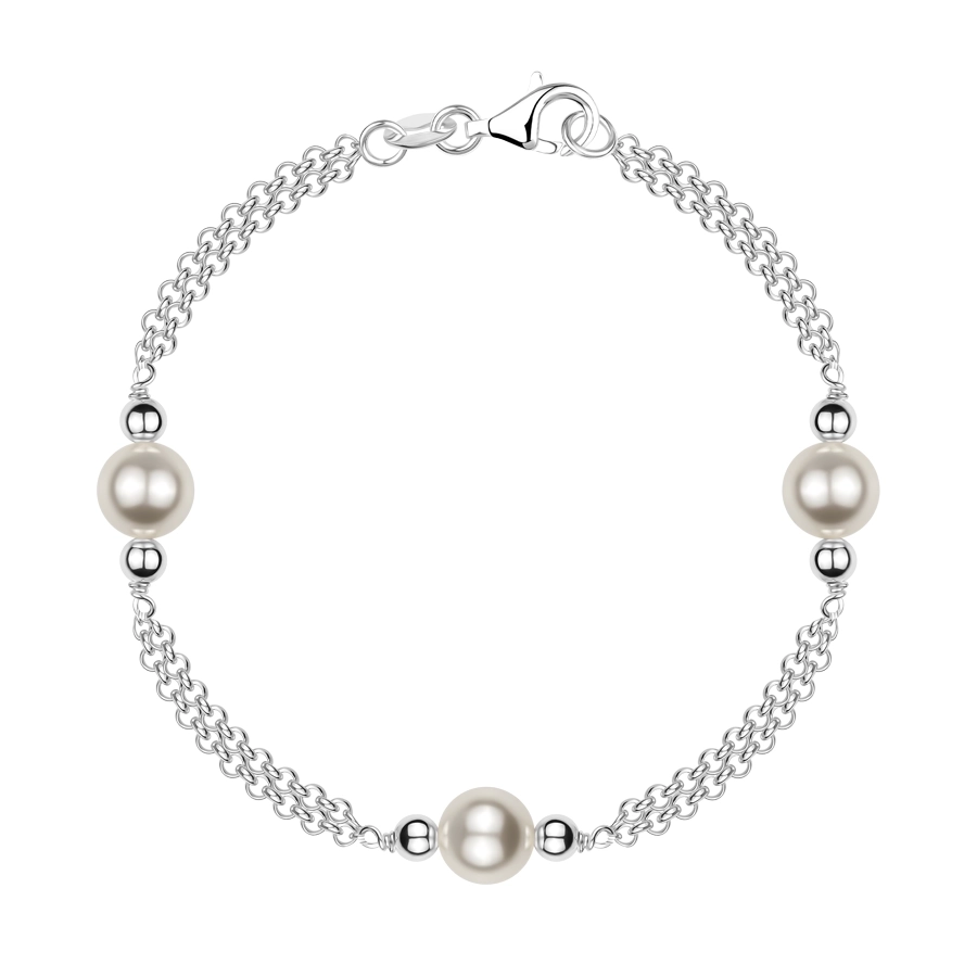 Srebrna 925 bransoletka - podwójny łańcuszek, kuleczki, syntetyczne perły