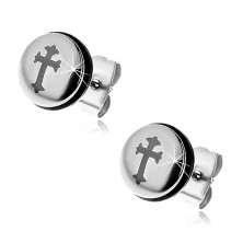 Stalowe kolczyki srebrnego koloru, koło z krzyżem i czarną gumką