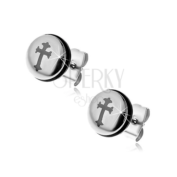Stalowe kolczyki srebrnego koloru, koło z krzyżem i czarną gumką