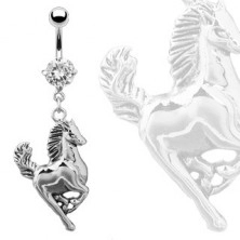 Kolczyk do pępka - cwałujący koń srebrnego koloru, bezbarwna okrągła cyrkonia