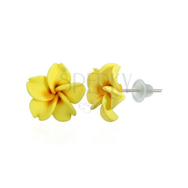 Żółte kolczyki Fimo - kształt kwiatu Plumerii