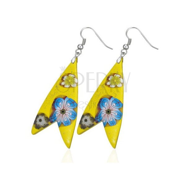 Kolczyki Fimo - żółty trójkąt, w kształcie rybki, kwiatki