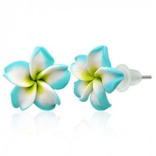 Małe kolczyki Fimo - turkusowo - biały kwiatek