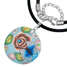 FIMO naszyjnik - niebieskie kółko z motylem, cyrkonie, kwiaty