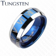 Tungsten pierścionek - niebiesko-srebrna obrączka, cyfry rzymskie