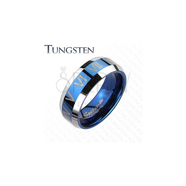 Tungsten pierścionek - niebiesko-srebrna obrączka, cyfry rzymskie