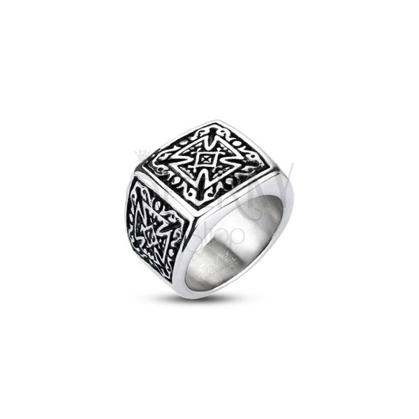 Stalowy srebrny pierścień - sygnet, krzyż maltański