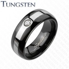 Tungsten czarny pierścionek - srebrny pas, cyrkonia