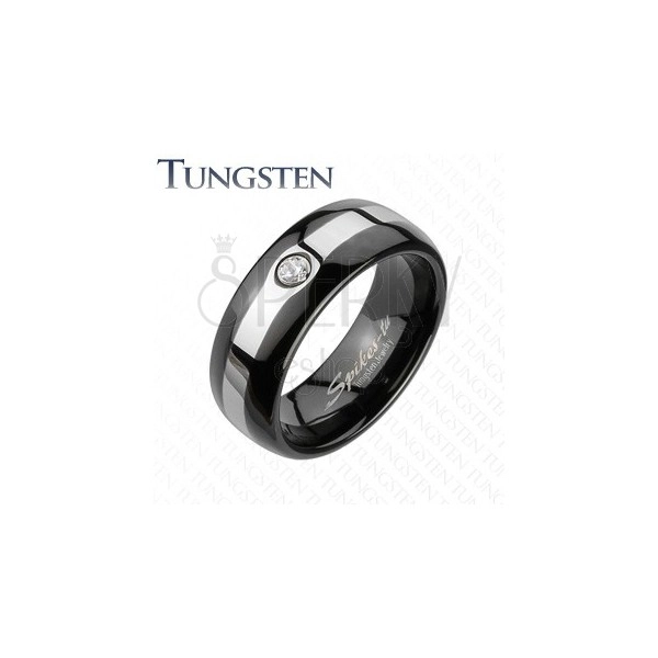 Tungsten czarny pierścionek - srebrny pas, cyrkonia