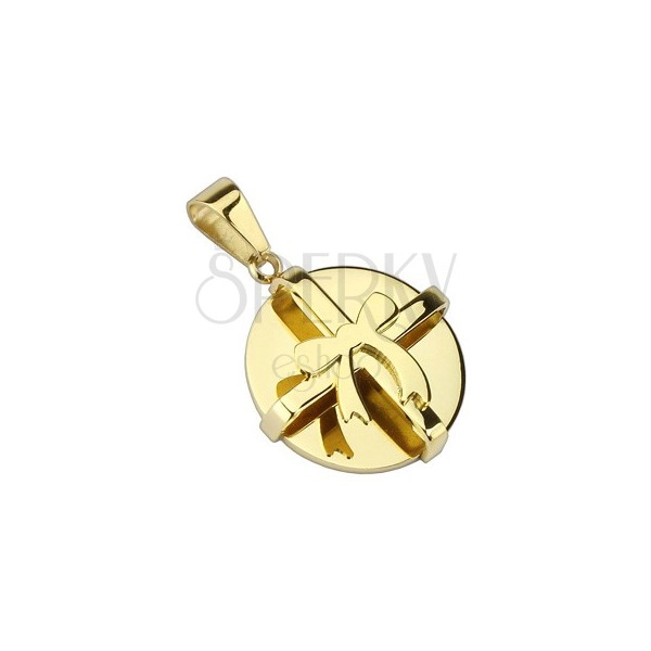 Stalowa zawieszka - złoty okrągły prezent z kokardką 