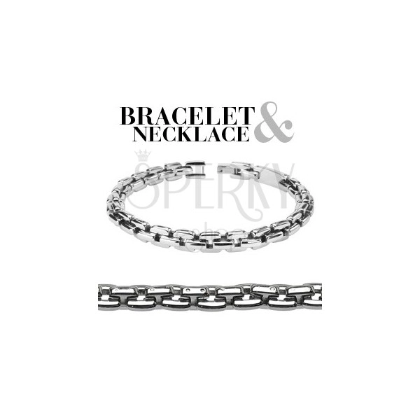 Zestaw - stalowy łańcuszek i bransoletka, połączone prostokątne elementy